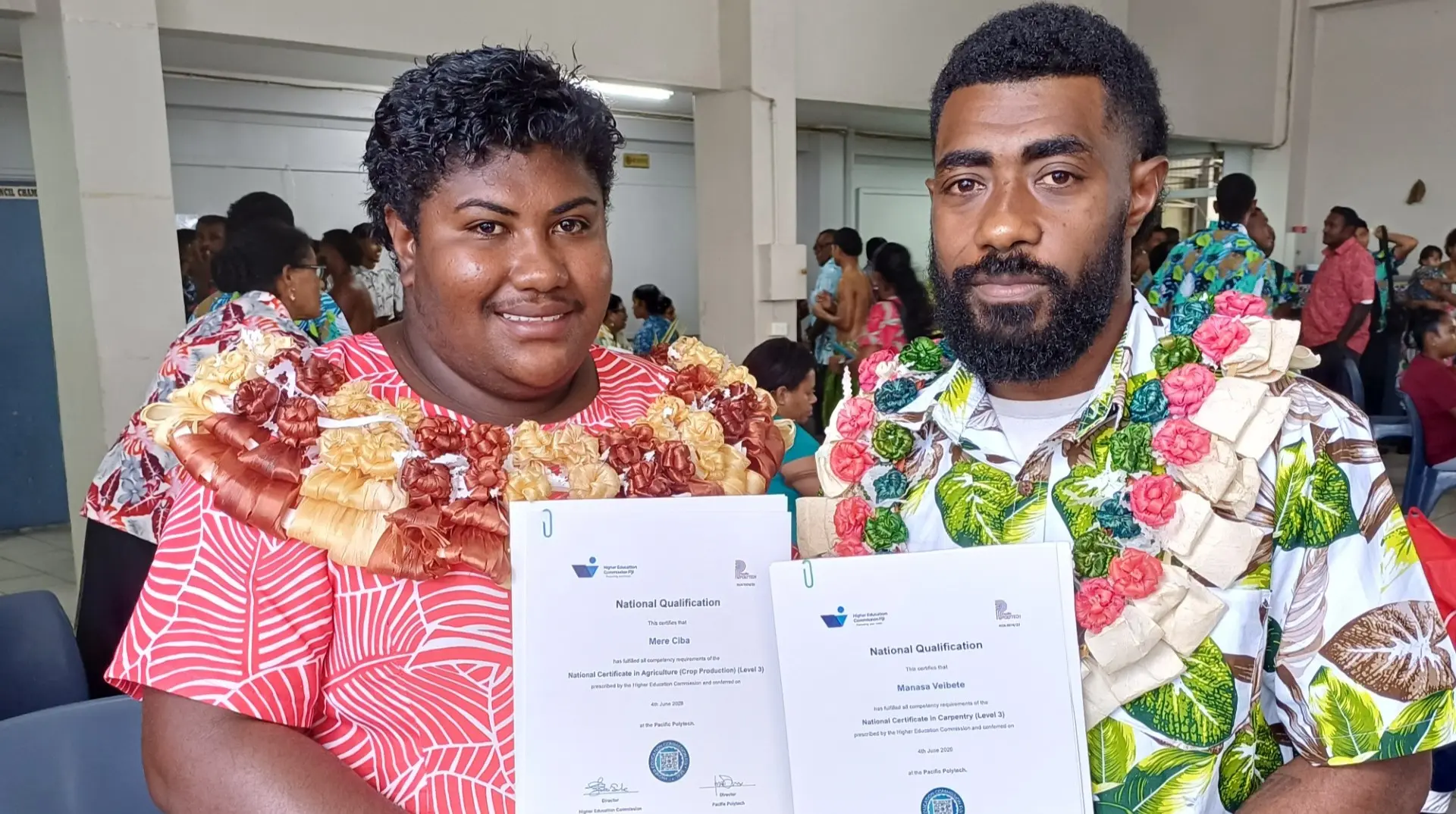Mere Ciba with her cousin, Manasa Veibete during the Pacific Polytech graduation ceremony at Civic Centre in Labasa on June 4, 2026. Photo: Shratika Naidu