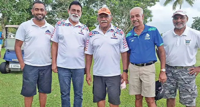 Prime Minister Sitiveni Rabuka (third from left) with R.C. Manubhai director Ashok Patel and others at the Fiji Golf Club in Vatuwaqa, Suva. Photo: R.C.Manubhai