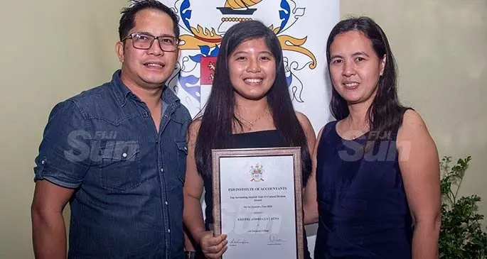 Kristel Andrea Lat Dena with her parents Jose Dena and Elsa Dena in Suva on April 9, 2021. Photo: Leon Lord