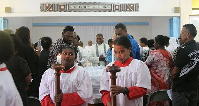 Altar girls lead the cortege of the late Sister Litia Voli out of Naulu St Christopher’s Parochial District in Nakasi on July 13, 2019.  Photo: Kelera Sovasiga