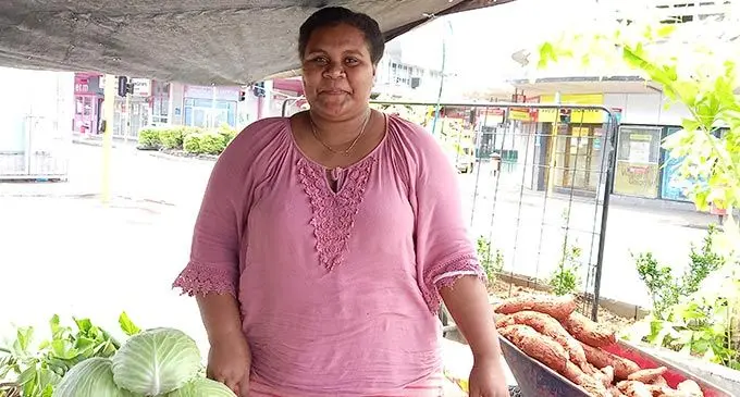 Miriama Kalokalo in front of her makeshift stall at the Suva Municipal Market on July 17, 2022. Photo: Jone Salusalu