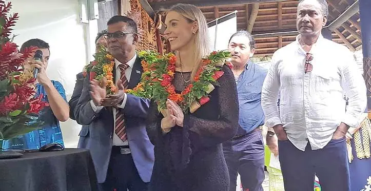 Deputy Prime Minister and Minister for Finance, Strategic Planning, National Development, and Statistics Biman Prasad with MFAT adviser- climate change and environment Rebekah Robertson, and Professor Steven Ratuva. Photo: Waisea Nasokia