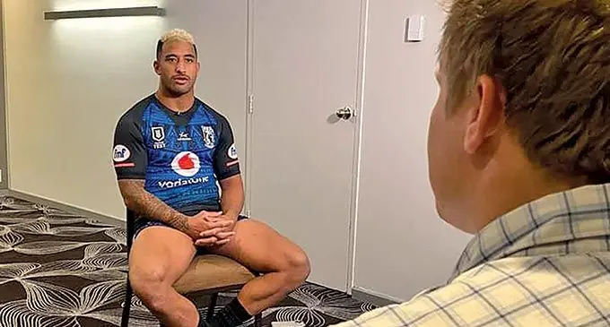 Viliame Kikau interviewed by Fox Sports journalist Luke Ship in Sydney, Australia, on June 22, 2022. Photo: Simiuone Haravanua
