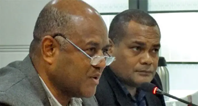 Permanent Secretary for Lands and Mineral Resources Malakai Finau (close to camera) answering a question during the committee meeting yesterday. Photo: Parliament of Fiji