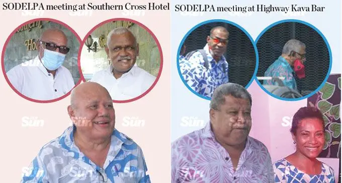 Present at the SODELPA meeting at Southern Cross Hotel were SODELPA leader Viliame Gavoka, Semesa Karavaki (top left inset photo) and Lenaitasi Duru (top right inset photo). Photos: Ronald Kumar Present at the SODELPA meeting at the Highway Kava Bar were Watisoni Nata (bottome left), Lynda Tabuya (bottome right), Isikeli Komaisavai (top left inset photo) and Opposition Leader Ratu Naiqama Lalabalavu (top right inset photo). Photos: Ronald Kumar 