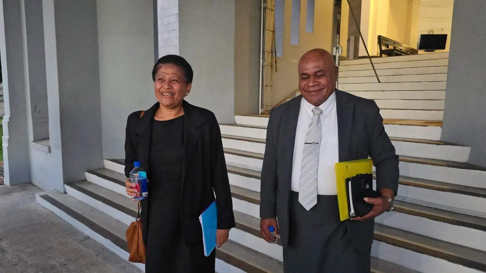 Fiji Corrections Service former nurse practitioner, Vakaloloma Nakarawa and husband, suspended Commissioner, Jalesi Nakarawa outside the High Court in Suva on November 13, 2025.