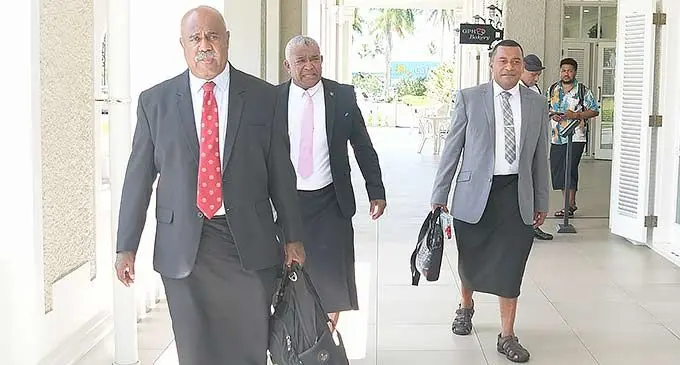 The People’s Alliance Members of Parliament (from left) Sakiusa Tubuna, Kalaveti Ravu and Maciu Katamotu at Grand Pacific Hotel in Suva on December 20, 2022. Photo: Ronald Kumar