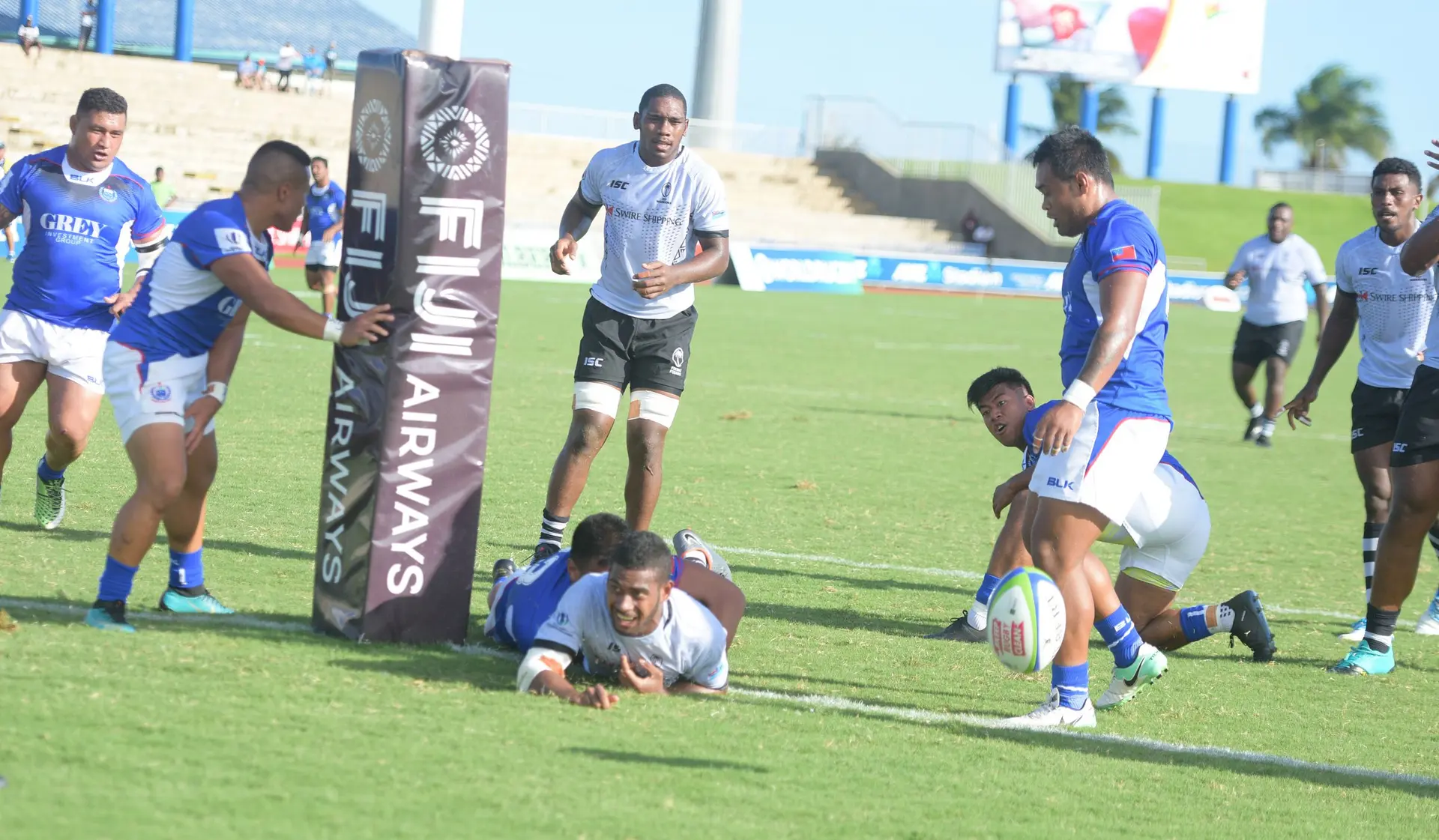 Tuidraki Samusamuvore of Fiji Warriors with their second try against Samoa at ANZ Stadium ion March 16, 2019. Photo: Ronald Kumar.