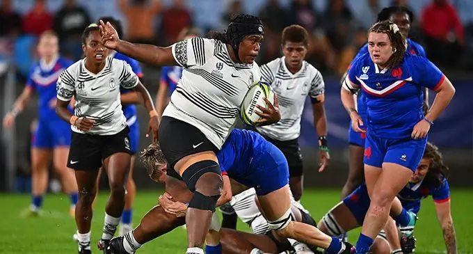 Fijiana XVs prop Siteri Rasolea runs with the ball during their Pool C Rugby World Cup 2021 match against France at Northland Events Centre in Whangarei, New Zealand on October 22, 2022. Photo: World Rugby.