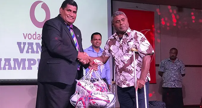 Bua Rugby team manager Pio Raisele receives playing kit for the Vodafone Vanua Championship from FRU chief executive John O’Connor on March 28, 2018. Photo: Grace Narayan