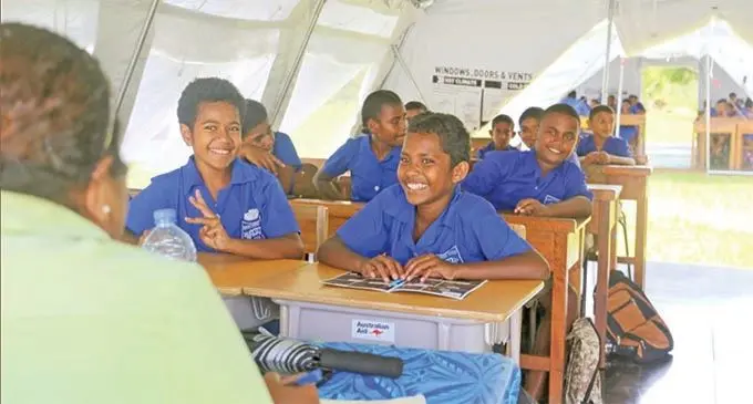 Northern students inside their temporary classroom.  Photo: Australian High Commission