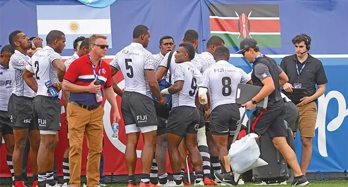 Fiji Airways Fijian 7s players during their warm-up session at the Sam Boyd Stadium in Las Vegas, Nevada on March 1, 2019. They face Australia in their final pool clash today. Photo: Ian Muir