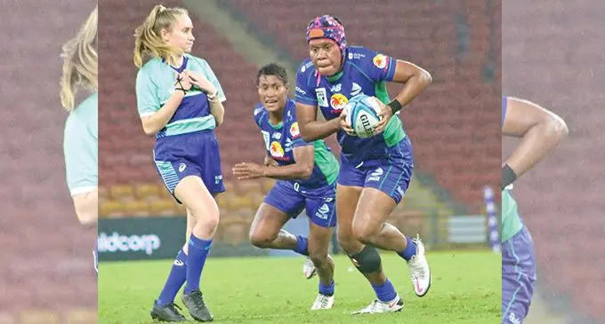 Rooster Chicken Fijiana Drua No.8 Sereima Leweniqila on the run against Brumbies at the Suncorp Stadium in Brisbane, Australia, on April 9, 2022. Photo: FRU Media