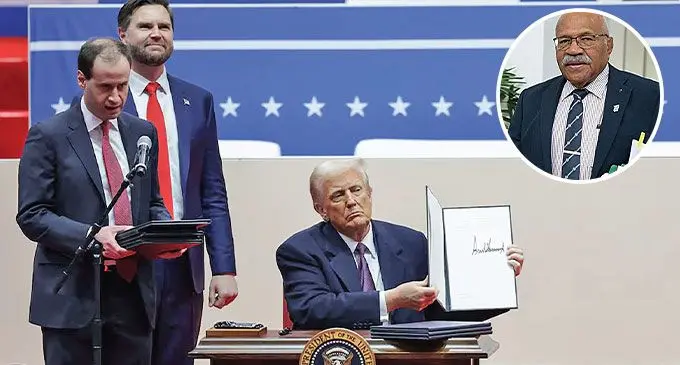 U.S. President Donald Trump shows a signed executive order. Photo: Reuters/Inset: Prime Minister Sitiveni Rabuka.