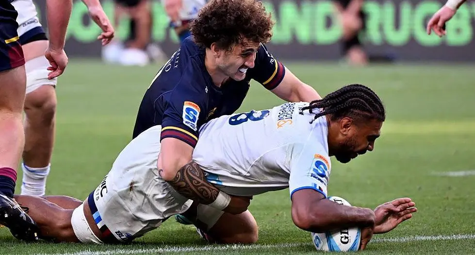 Blues No.8 Hoskins Sotutu scores one of his three tries against Highlanders at AAMI Park, Melbourne, Australia, on March 1, 2024. 