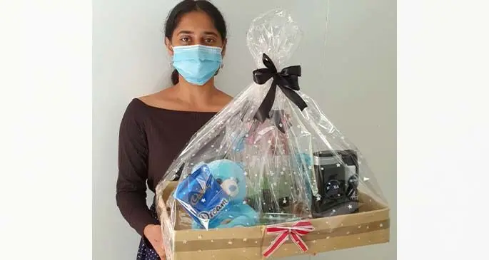 Reshwini Romika showing the gift hamper prepared at her home in Labasa on June 3, 2021.