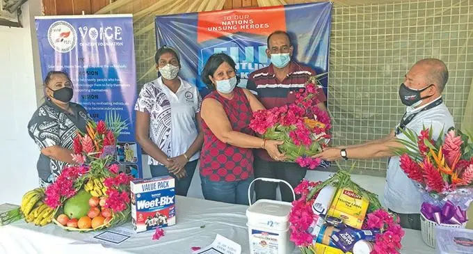 Dr Pablo Romakin receives the goodies basket from a team from the Fiji/ Pacific educators at the Blue Light Village hotel in Nadi.   Photo: Waisea Nasokia 