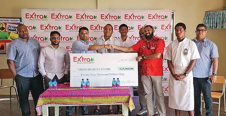 From Left: Rupeni Caucau, Charles Dewan, Abishek Abhimannu, Selestino Mainakavika, Asituilagi Fuli, Raymond Stoddard, MBHS principal Asish Dayal, Uraia Kama and Ravinesh Deo. Photo: Extra Supermarket