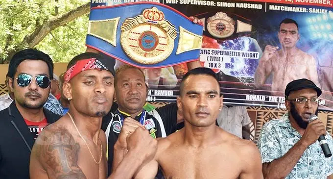 From left: WBF Fiji co-ordinator Simon Naushad, Jese Ravudi, Leca Fotu (holds WBF title), Ronald Naidu and BCF West director Usman ‘Lale’ Ali at the Nair’s Dais in Nadi on November 13, 2020. Photo: Waisea Nasokia