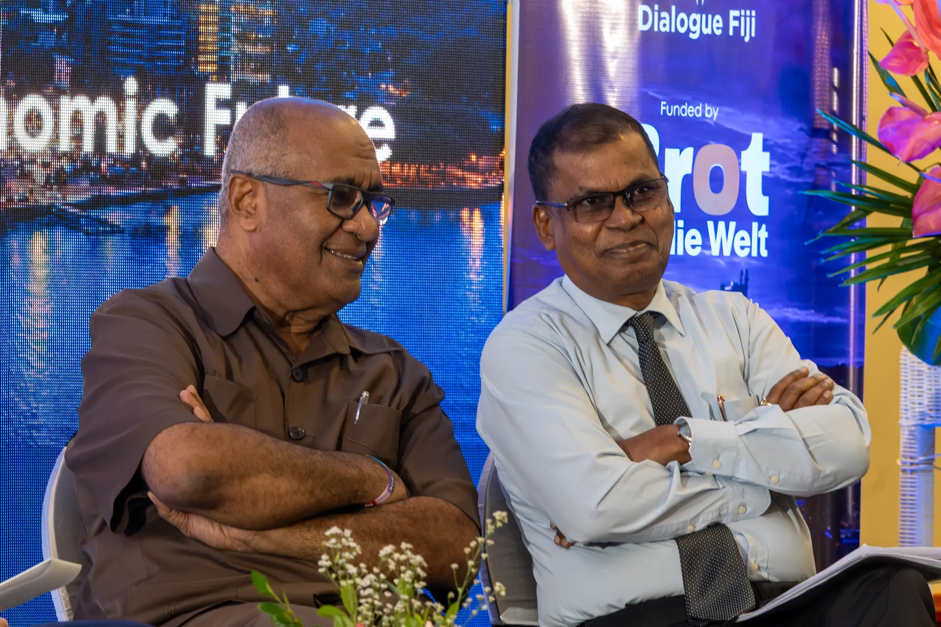 Former Deputy Prime Minister Manoa Kamikamica and former Minister of Finance Biman Prasad during the State of the Fijian Economic dialogue at GPH, Suva