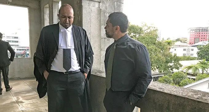 Fijian Broadcasting Corporation (FBC) chief executive officer Riyaz Sayed-Khaiyum with his lawyer Emmanuel Narayan outside the Civil High Court in Suva on June 15, 2022. Photo: Ashna Kumar 