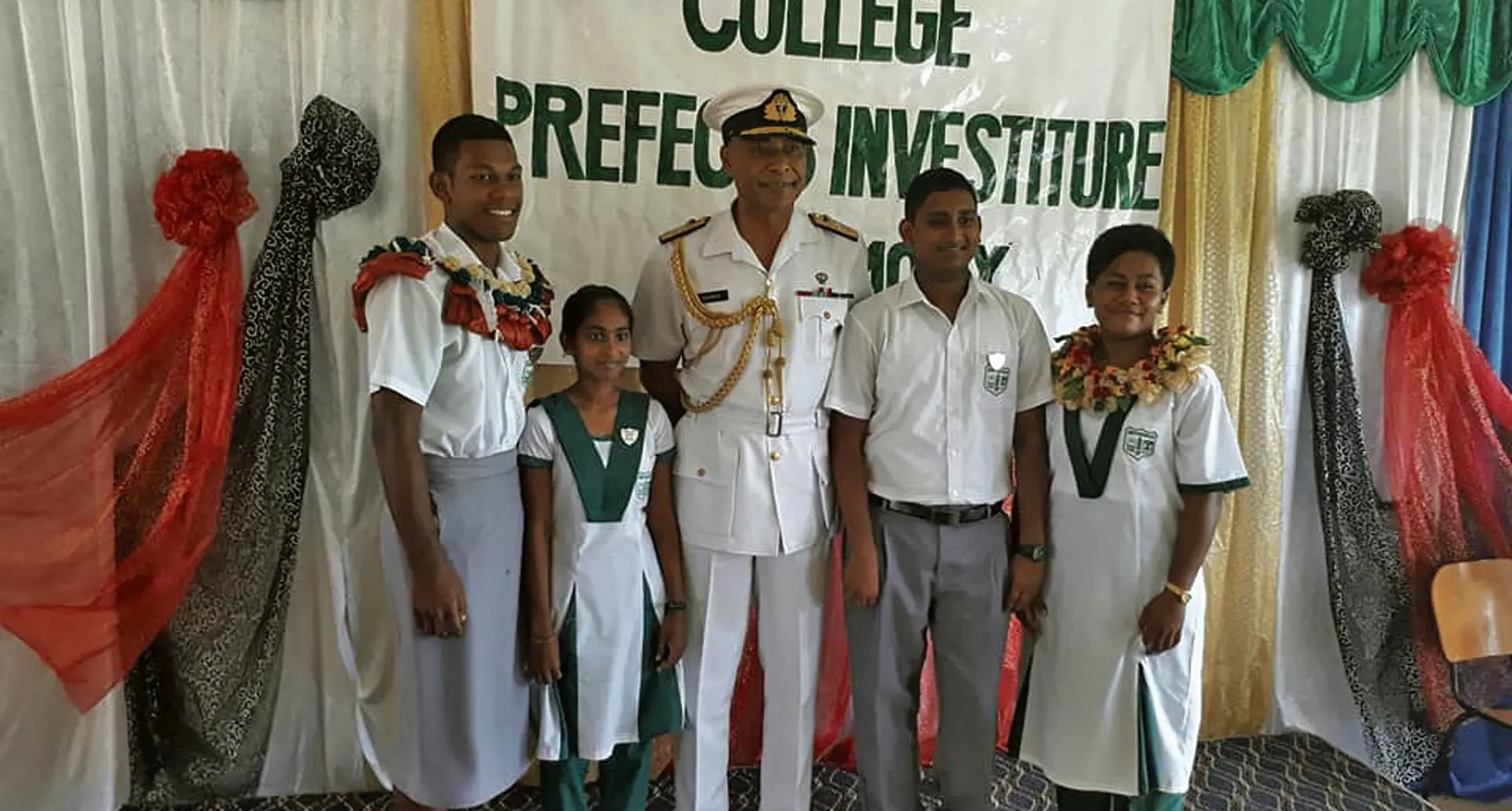 From left: headboy Neumi Radobui, deputy headgirl Payal Kapoor, Republic of Fiji Military Forces commander Rear-Admiral Viliame Naupoto, deputy headboy Varunesh Permal and headgirl Elenoa Ratusega on February 15, 2018.