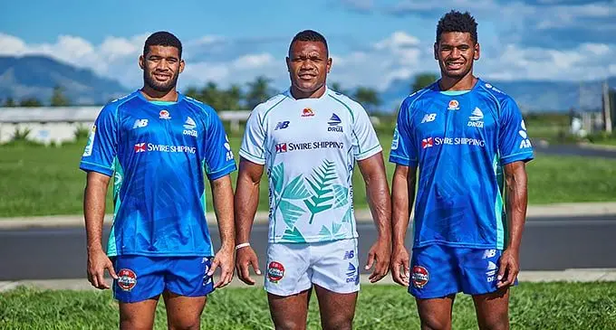 Swire Shipping Fijian Drua flankers (left-right) Meli Derenalagi, Elia Canakaivata, Kitione Salawa in Nadi. Photo: Fijian Drua.