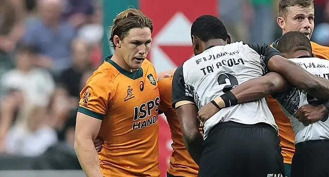 Former Wallabies and 125 Test veteran Michael Hooper faces Joseva Talacolo in the scrum during the Hong Kong Sevens on April 5, 2024. Photo: World Rugby.  