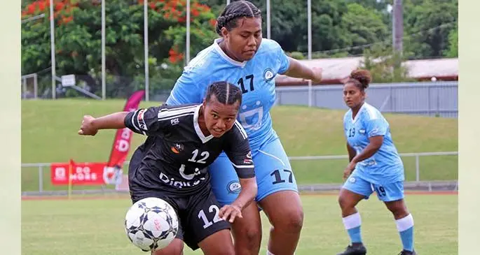 Mailife Ba Women’s midfielder Sainiana Niubalavu shields the ball away from Tailevu/Naitasiri’s Penelope Pickering during the Digicel Super Women’s League at Churchill Park, Lautoka, on March 14, 2021. Photo: Fiji FA Media