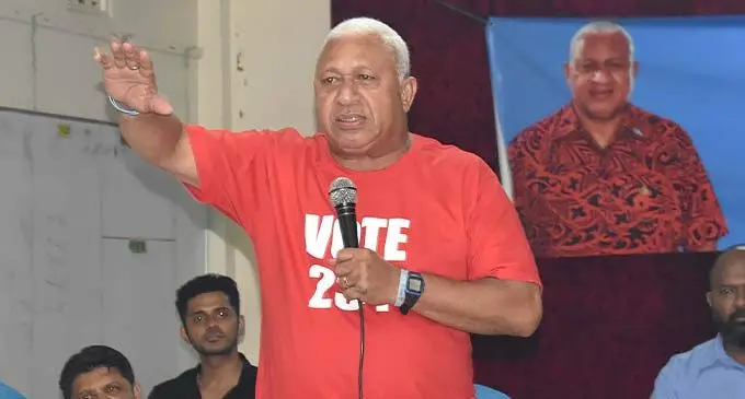 FijiFirst leader Voreqe Bainimarama at a campaign meeting at the Vatulaulau Sanatan Dharam School in Ba on November 22, 2022. Photo: Salote Qalubau