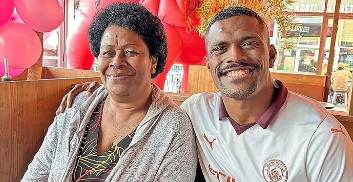 Flying Fijians winger Jiuta Wainiqolo with his mother Ulamila Wainiqolo in France on September 27, 2023. Photo: Fiona Wainiqolo