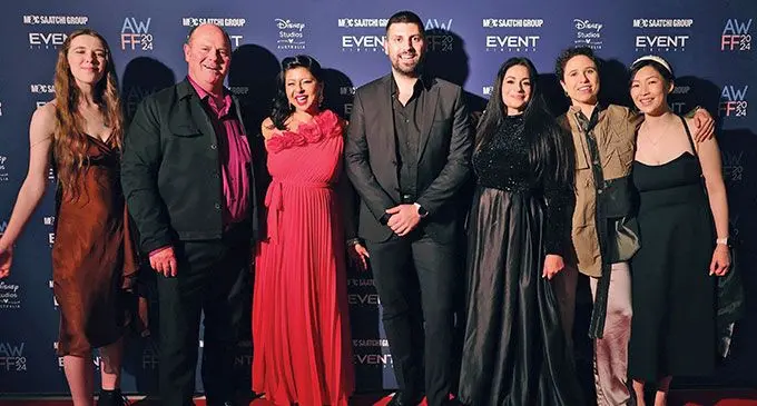 Director Sabrina Khan (third from right), with the cast of the movie Seema on the red carpet during premier in Parramatta Australia. Photo: Mathilde Le Bouc