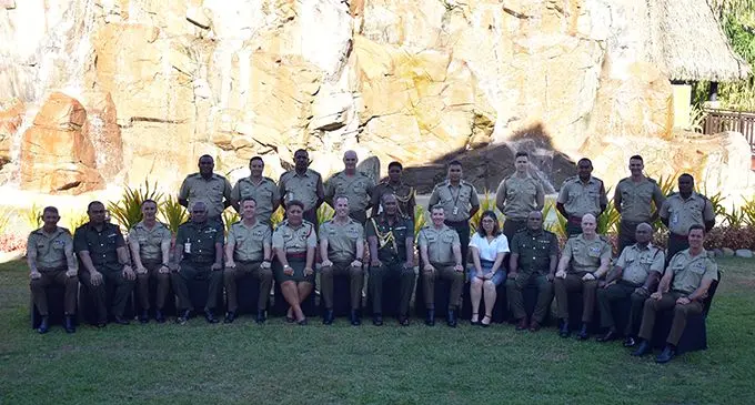 Director of Effects 1st Division, Australian Defence Force Army Colonel, Corey Shillabeer (seventh from left) and Republic of Fiji Military Forces (RFMF) Commander Land Force Colonel Manoa Gadai with the RFMF and Australian Military personnel at the Radisson Blu Resort Fiji at Denarau Island in Nadi on February 25, 2020.   Photo: Mereleki Nai