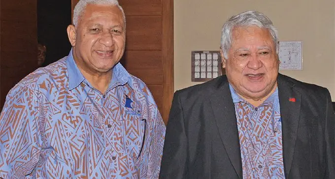Prime Minister Voreqe Bainimarama with his Samoan counterpart Tuilaepa Aiono Sailele Malielegaoi at the Grand Pacific Hotel in Suva on May 14, 2019. Photo: Ronald Kumar