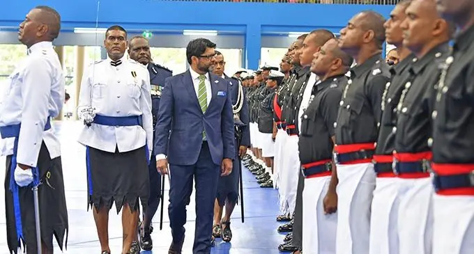Attorney-General Aiyaz Sayed-Khaiyum inspects the Fiji Police Force passing-out parade at the Vodafone Arena in Suva on January 17, 2020.  Photo: DEPTFO News