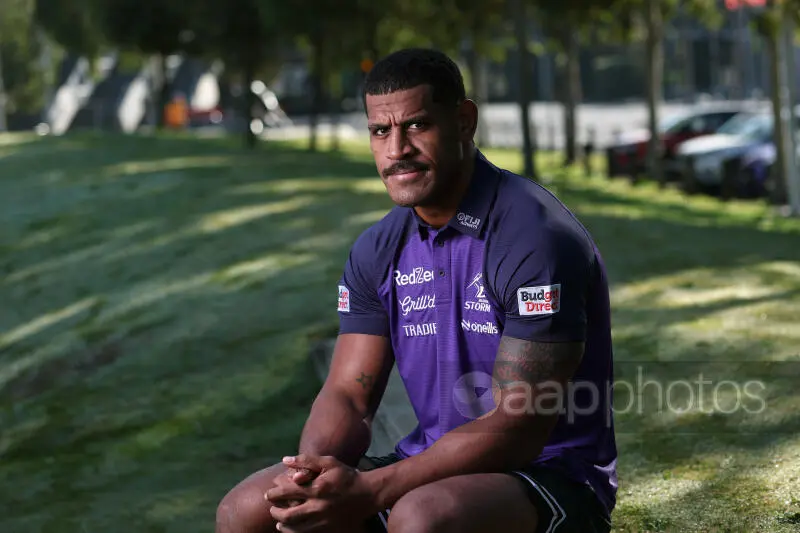 Tui Kamikamica of Melbourne Storm poses for a photo at AAMI Park in Melbourne, Tuesday, April 28, 2026.