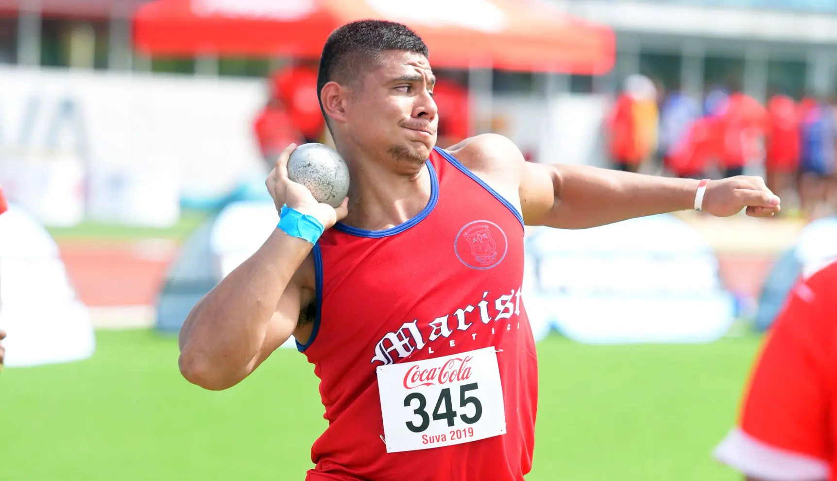 Nicholas Maopa of Marist High during  Coca-Games senior boys shot put final at ANZ Stadium on Ap[roil 16, 2019. Photo: Ronald Kumar.