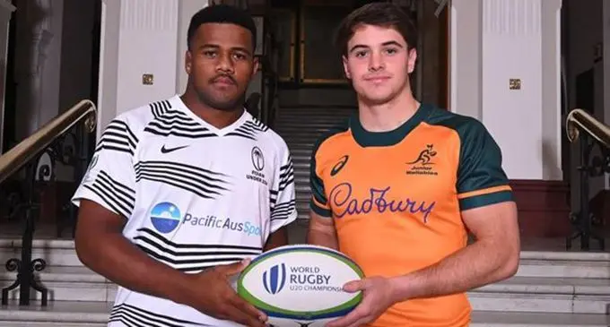 Australia Under-20 captain Nick Baker (left) with his Fijian counterpart Motikai Murray during the captain’s photo shoot in Stellenbosch, South Africa. Photo: World Rugby  
