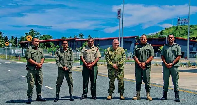 Fourth from left: Captain Etika Vakaenei, Major Praneel Singh, Lieutenant Colonel Jone Verebasaga, Lieutenant Colonel Leigh Crawford (Commanding Officer-Peace Operations Training Centre Australia), Major Jone Dugu and Captain Inoke Gonedua on Wednesday, March 30, 2022.  Photo: RFMF Media