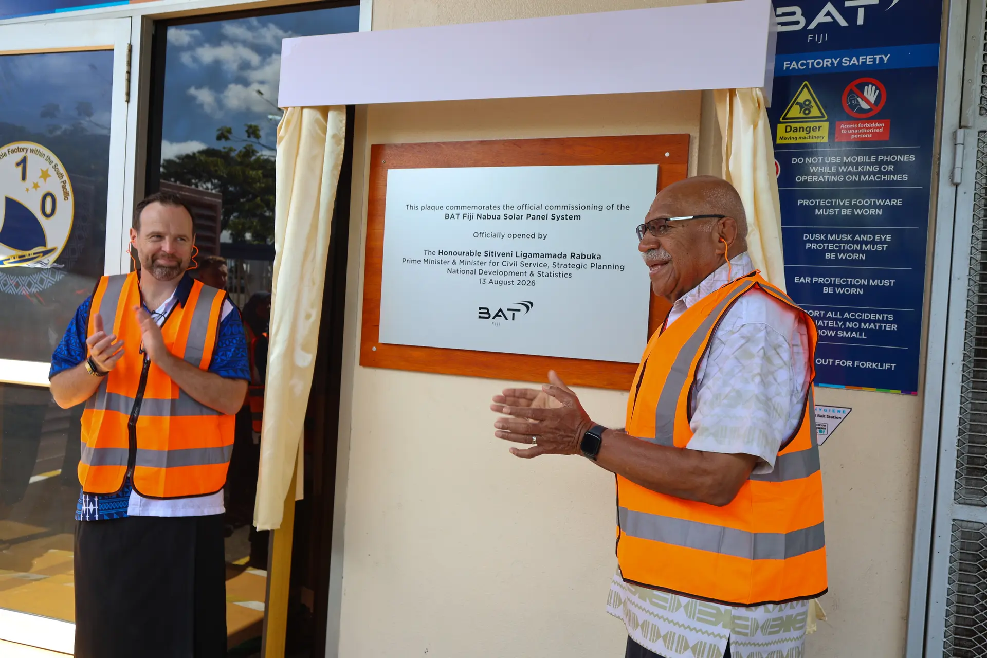 Prime Minister Sitiveni Rabuka and General Manager British American Tobbaco James Golden at the Unveiling of the new BAT Nabua Solar Panel System on August 13, 2026.