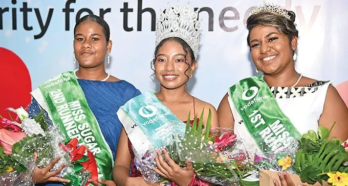 From left: Second runner-up Miss Mani's Amusement and Rides Arieta Ronaqato Mainatiki, Miss Vodafone Sugar 2024 Vani Tobakarakarawa, and first runner-up Miss Al Sounds and Events Laisa Olivia Vakararawa after the crowning on October 5, 2024. Photo: Supplied