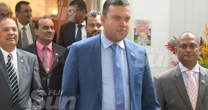 Lands Minister Ashneel Sudhakar with Government MPs outside Parliament on February 19, 2020. Photo: Ronald Kumar