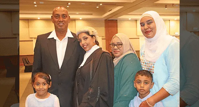From left: Zoya’s father Aiyar Ali, Graduate Shamira Zoya Ali, Zoya’s mother Shainaz Roselyn, with family members during the swearing in ceremony for new legal practitioners at the Grand Pacific Hotel in Suva on October 28, 2022. Photo: Jone Salusalu