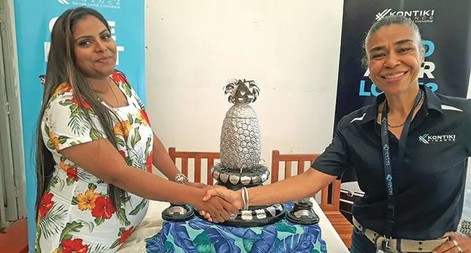 Suva Bowling club manageress Ashwini Prakash (left) and Kontiki Finance Ltd marketing manager Katherine Reade at the Suva Bowling club on October 6, 2022. Photo: Sereana Salalo