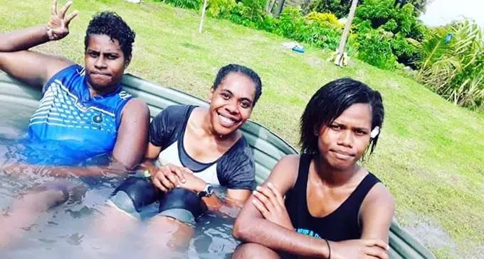 Nanukuloa rugby rep Siteri Tadrau (middle) with her team-mates during their ice-bath at Nanukuloa Village in Ra on October 15, 2020.