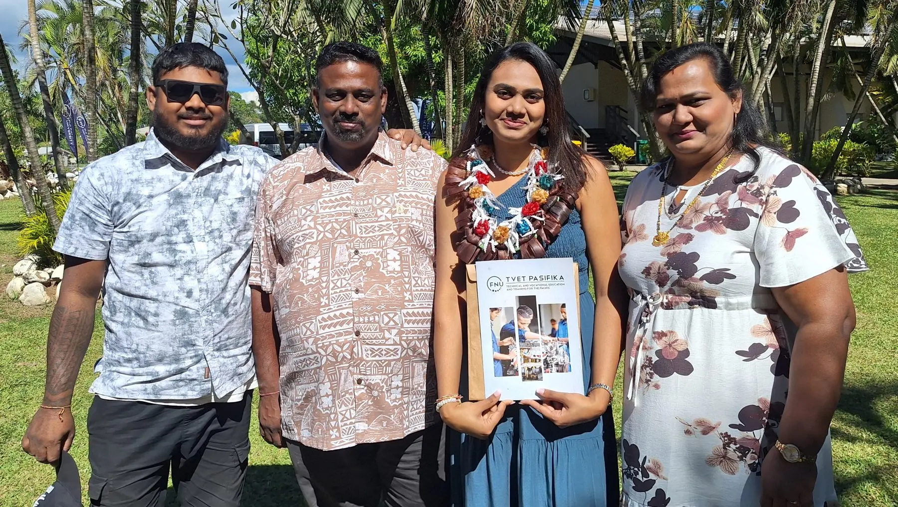 From left: Pritesh Chand (uncle), Ashwin Chand (father), graduate Arpita Chand, and Shalveena Devi (mother) at the FNU Namaka Campus.