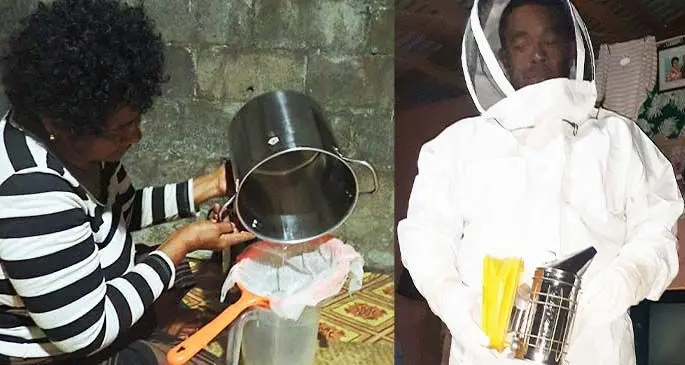 Arieta Vuli (left) at work on her virgin coconut oil business and Rusiate Baleitoga (right) tries out his beekeeping suit and materials.