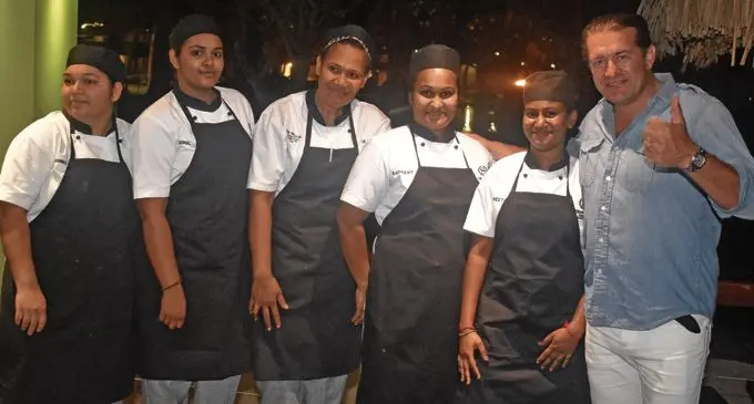 Chefs Arishma Devi, Shavnita Archal, Ulamila Yalayala, Sadhana Devi, Praneeta Devi and wine maker Sam Miranda, at the event on September 15, 2018 Photo: Waisea Nasokia