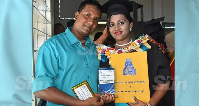 Sangam Institute of Technology (SIT) College of Nursing and Health Care Education graduate Kriti Panikar, with husband Sunny Deo at the Labasa Civic centre on December 11, 2019. Photo: Shratika Naidu