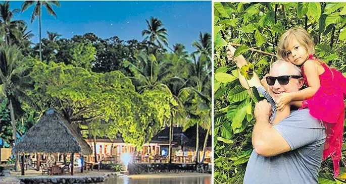 Part of Toberua island Resort (left) and Michael Dennis hunting for green coffee beans with his daughter (right).
